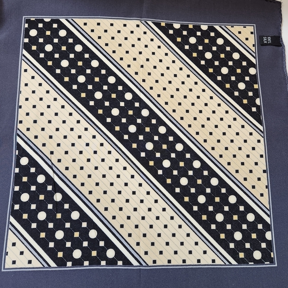 Men’s Pocket Square Geometric Pattern Black Gray Cream Gold Silk Scarf 13” x 13” - Picture 5 of 7